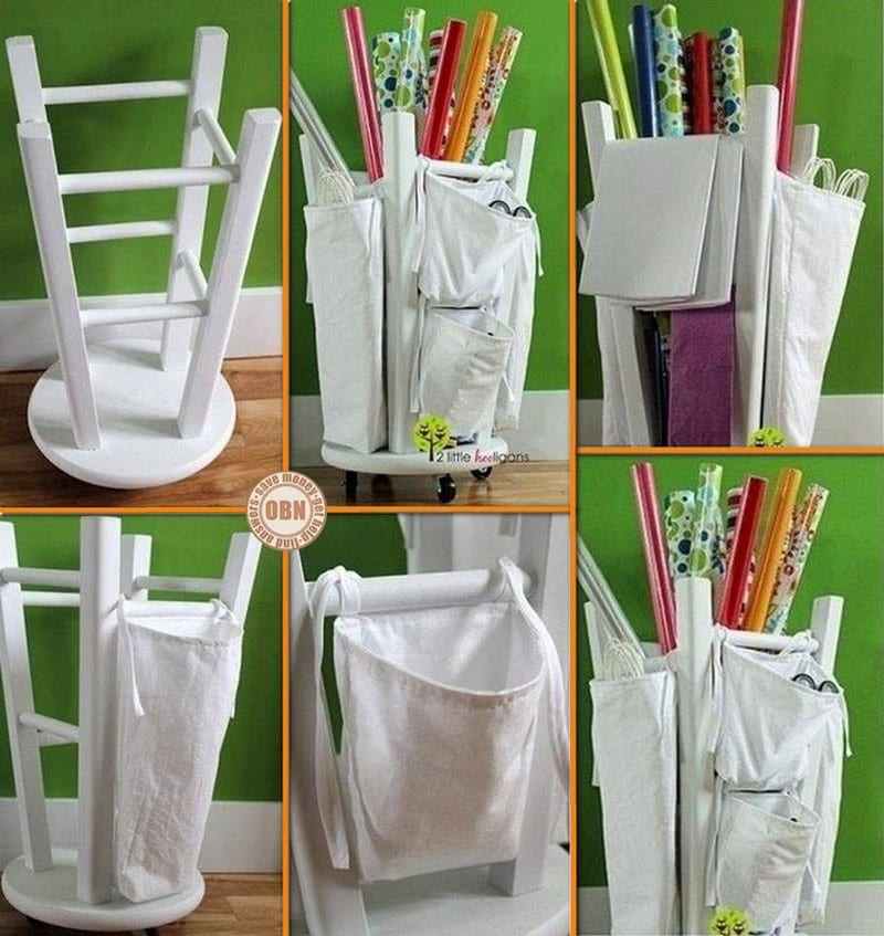 Looking for a simple DIY project for the weekend? With an old kitchen stool, casters, bags made from fabric and paint, you can make yourself a wrapping paper organizer!