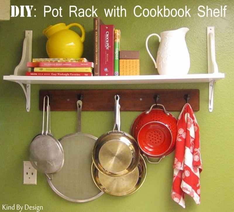 17. Pot Rack with Cookbook Shelf - A Room And A Whisk