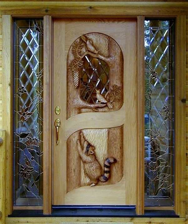 Racoon and bluejay door by Ron Ramsey of Lake Tahoe