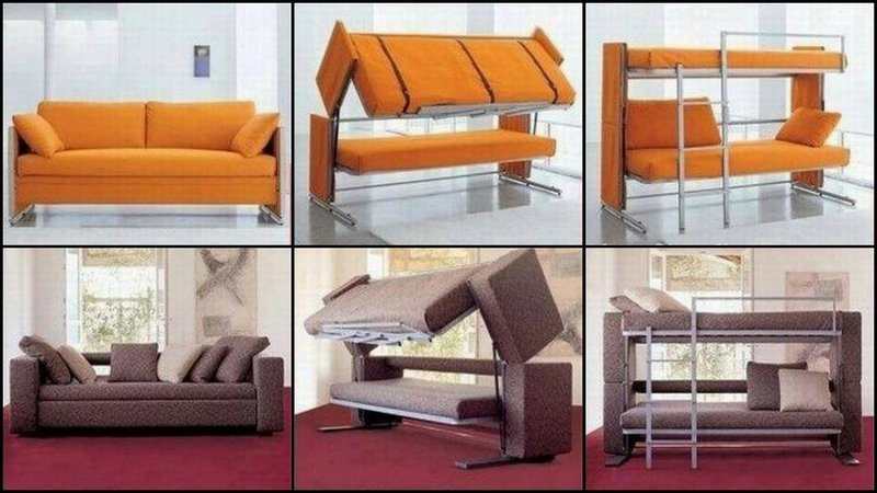 Multi-functional space saving furniture in a small living room with sofa bed, wall shelves and compact storage