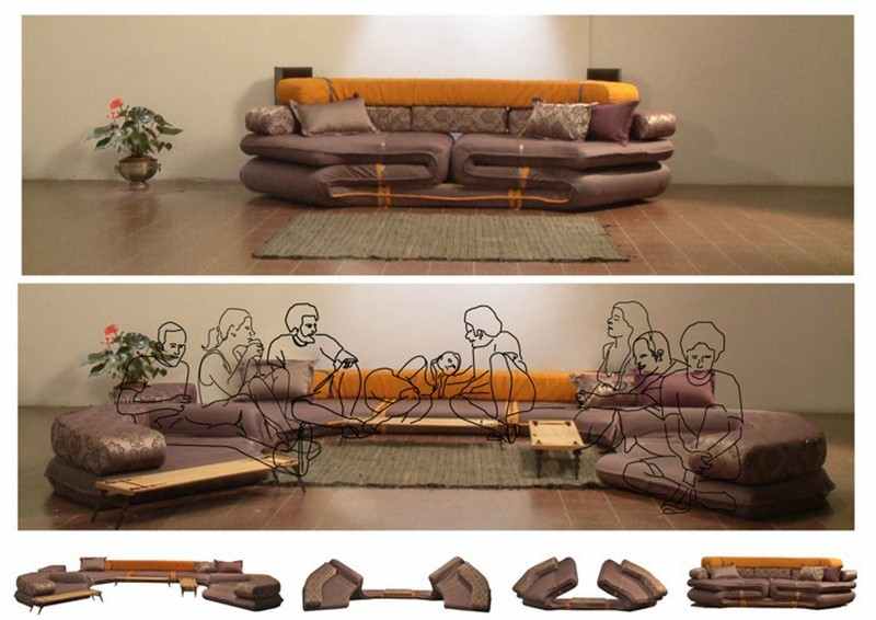 Stackable modular sofa units that can be piled vertically to free up floor space in a small apartment