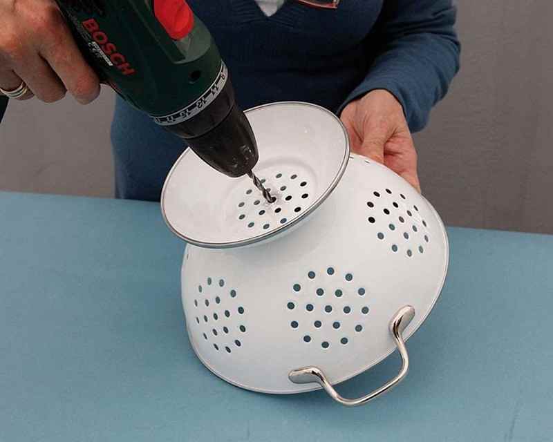 DIY Colander Pendant Lamp - Drilling the Hole