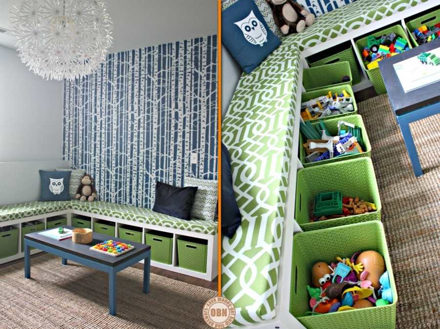 This is a good example of what is possible on a very limited budget. A bookcase turned on its side, cushion, some pillows, bins, and you have a lovely seat with storage.