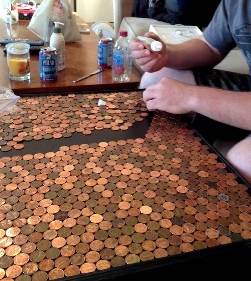 DIY Penny Top Coffee Table - Pennies on Table