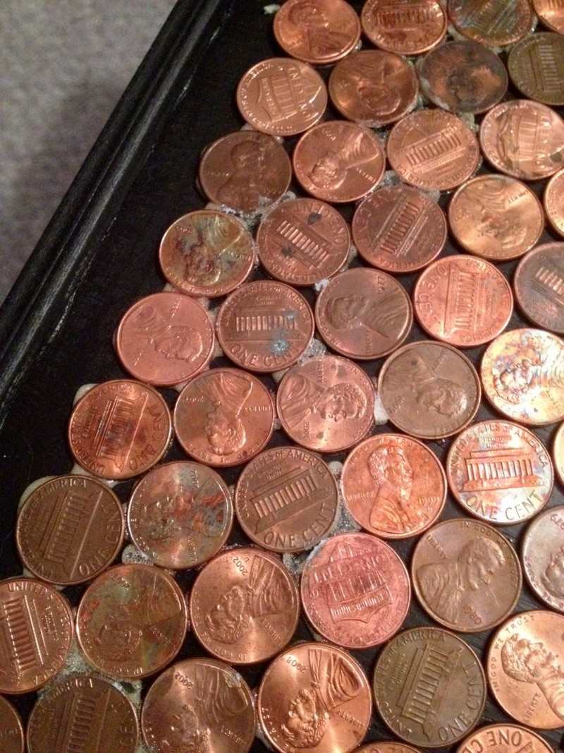 DIY Penny Top Coffee Table - Pennies on Table