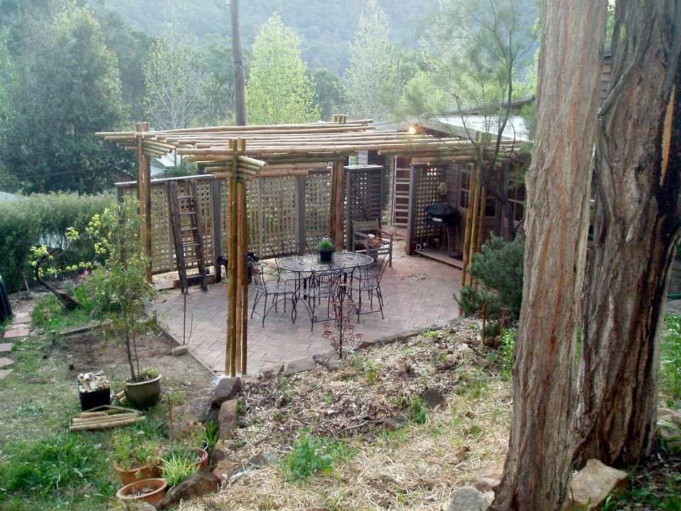 The pergola is ready for use! Summer shade will be provided grape vines or a similar deciduous plant.