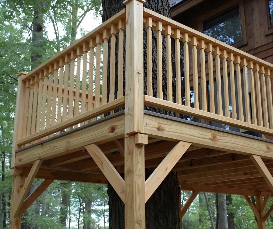 Completed treehouse railing system showing 4x4 corner posts, 2x4 top and bottom rails, and vertical 2x2 balusters spaced 4 inches apart