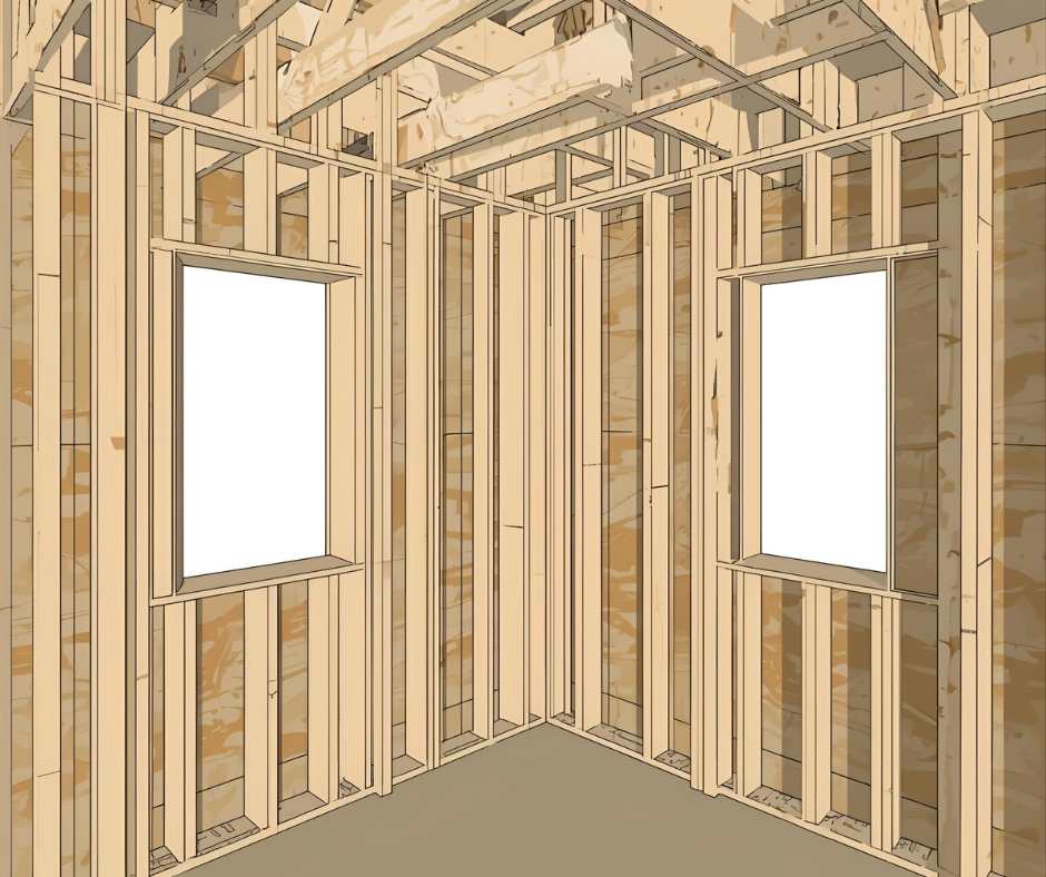 Treehouse wall framing in progress showing 2x4 stud walls with window and door openings, partially covered with plywood sheathing