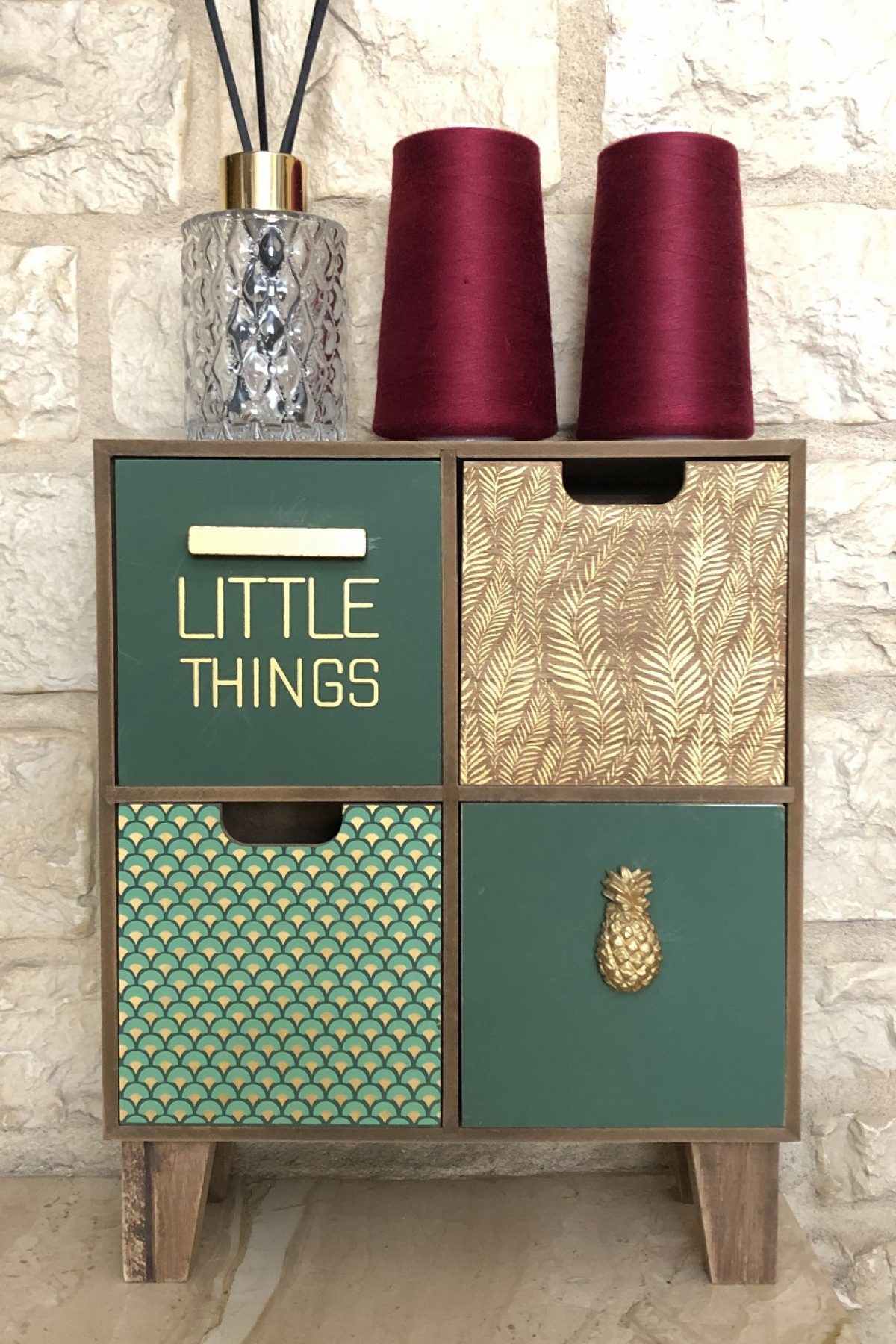 A contemporary storage cabinet in the entryway of a home.