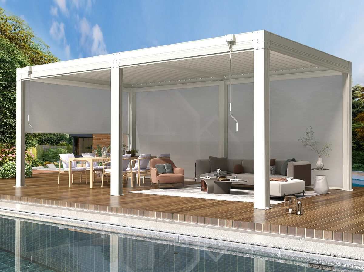 This metal gazebo includes a waetherproof louvre roof to keep out rain or let in sunshine!