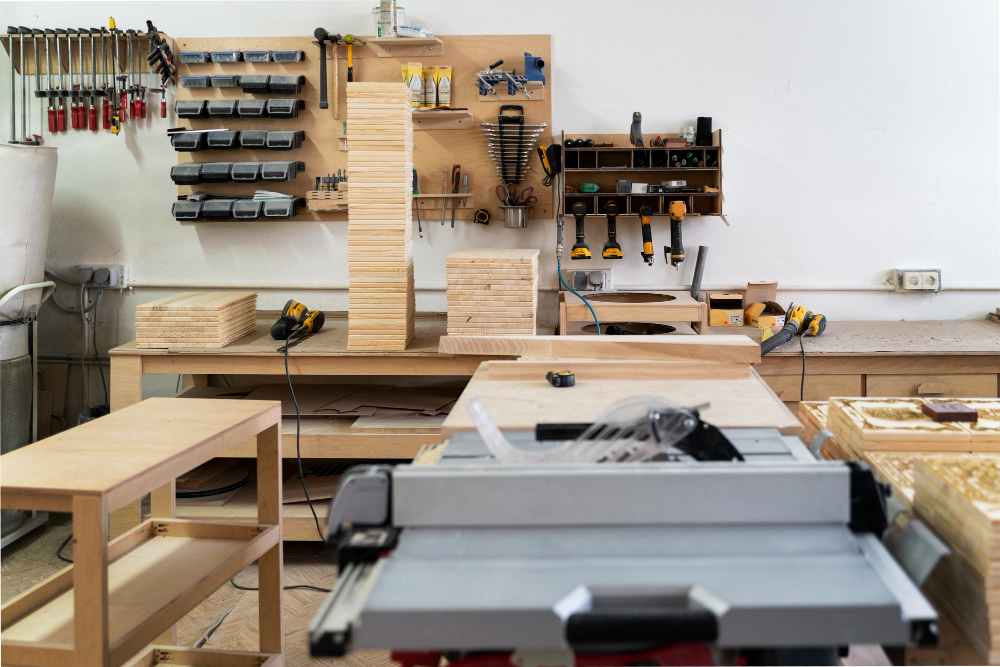 professional woodworking shop in a garage