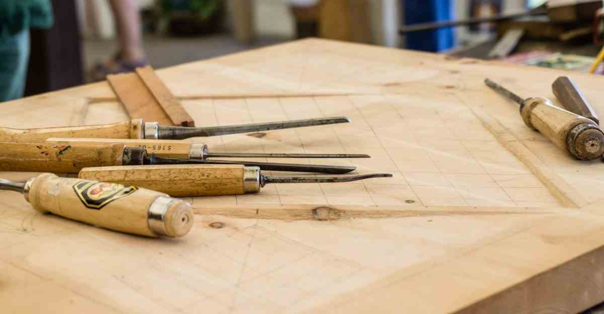 woodworking tools lying on a workbench
