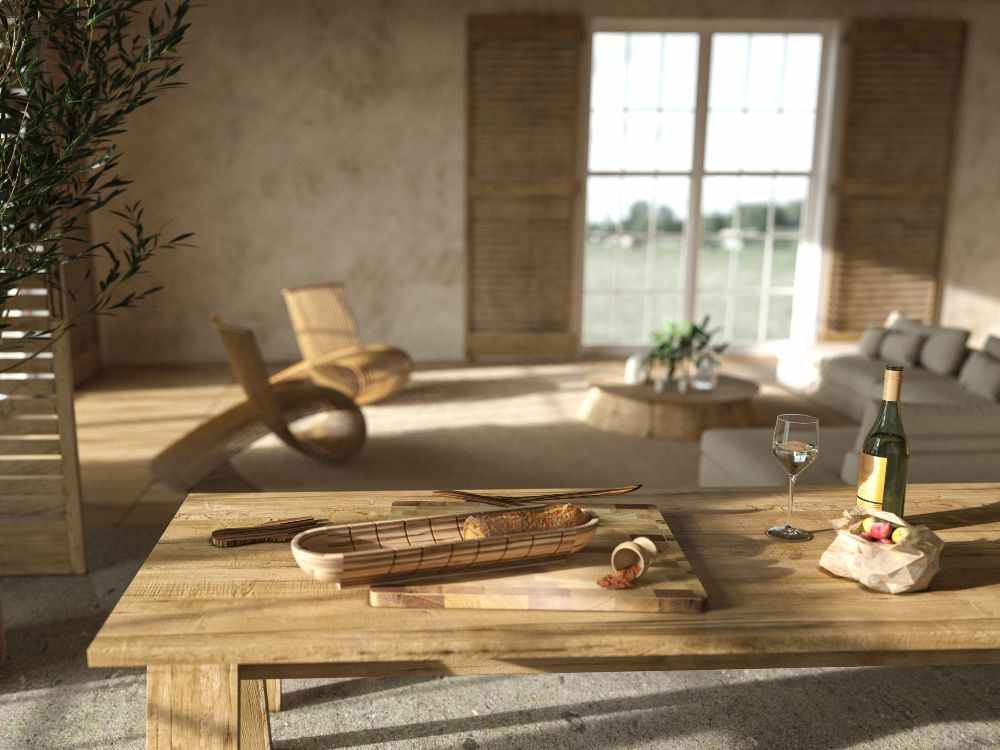 An image of a wooden chopping board on a coffee table. 