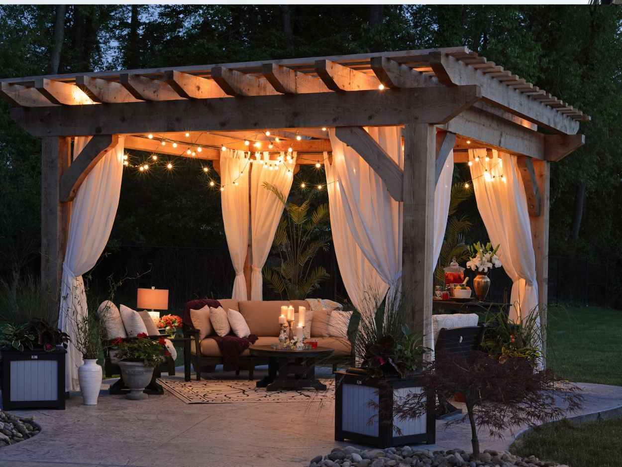 An image of a pergola with shades.