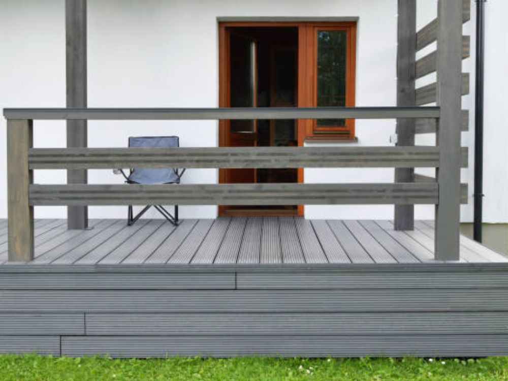 An image of a skirted deck using horizontal wooden slats.