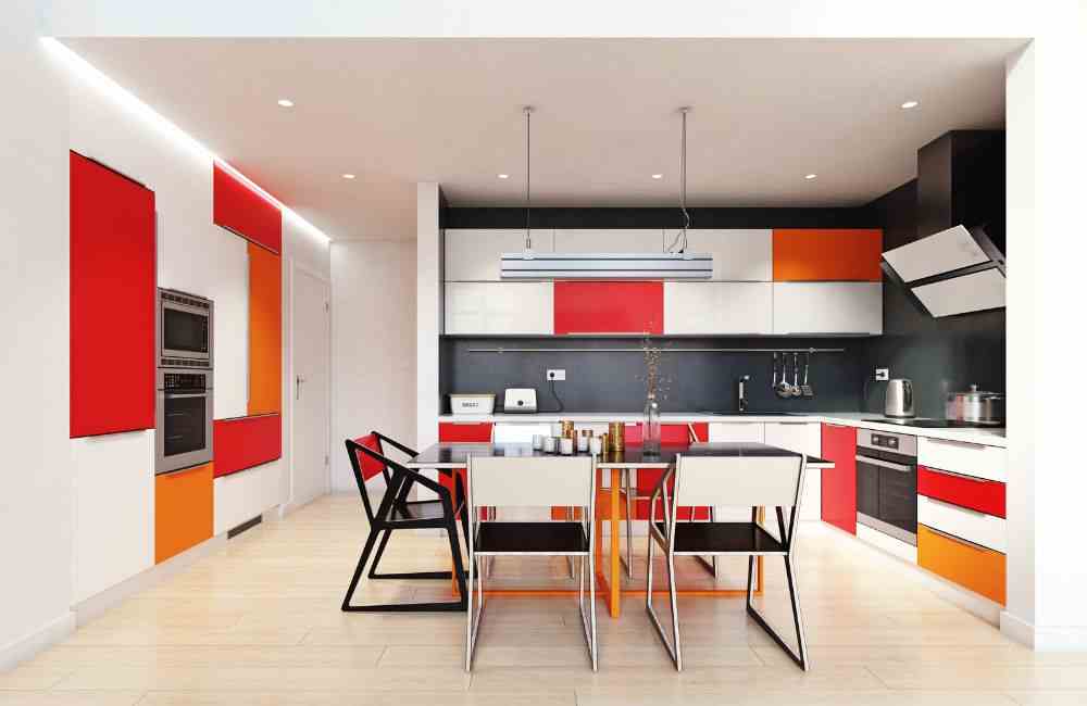 An image of a space using kitchen color schemes. 