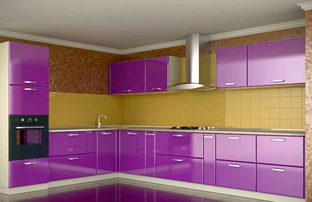 An image of a space using purple kitchen color schemes. 