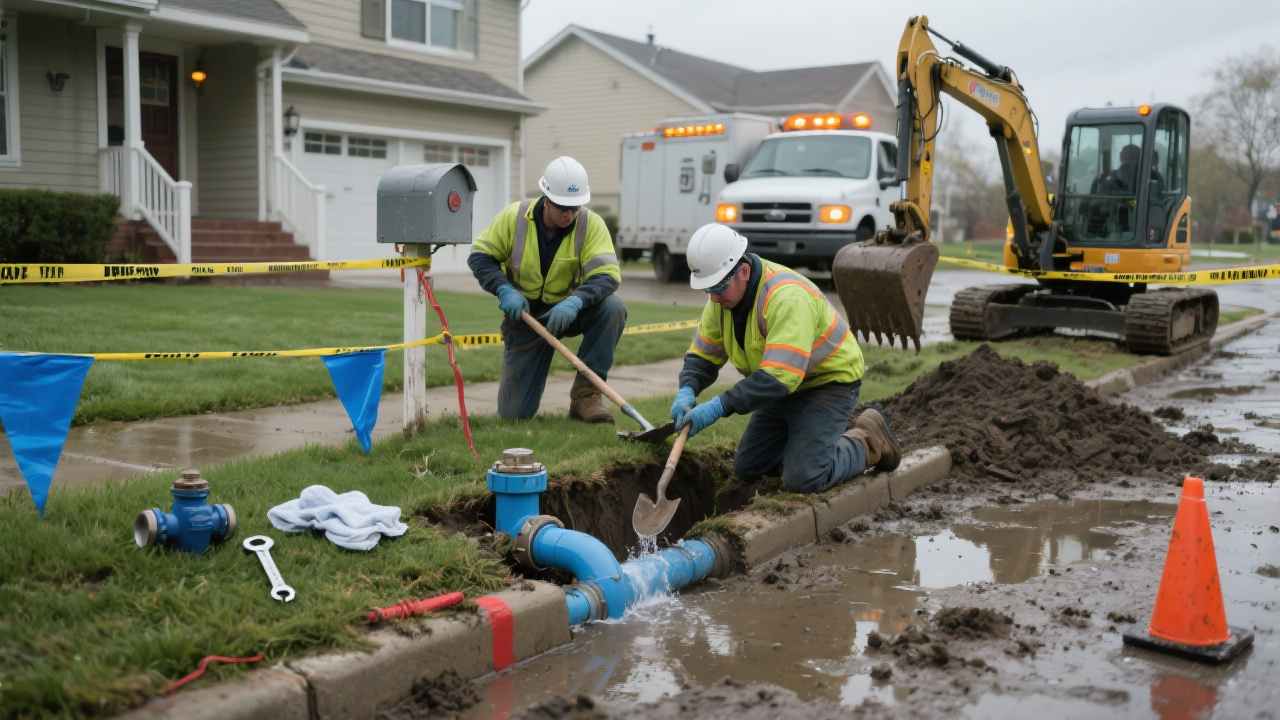 Workers fixing a broken water main.