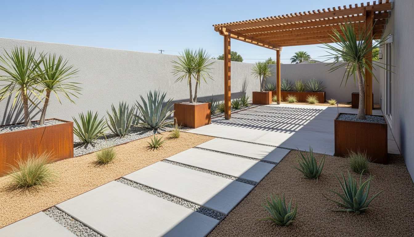 Modern Drought-Tolerant Backyard With Pergola.