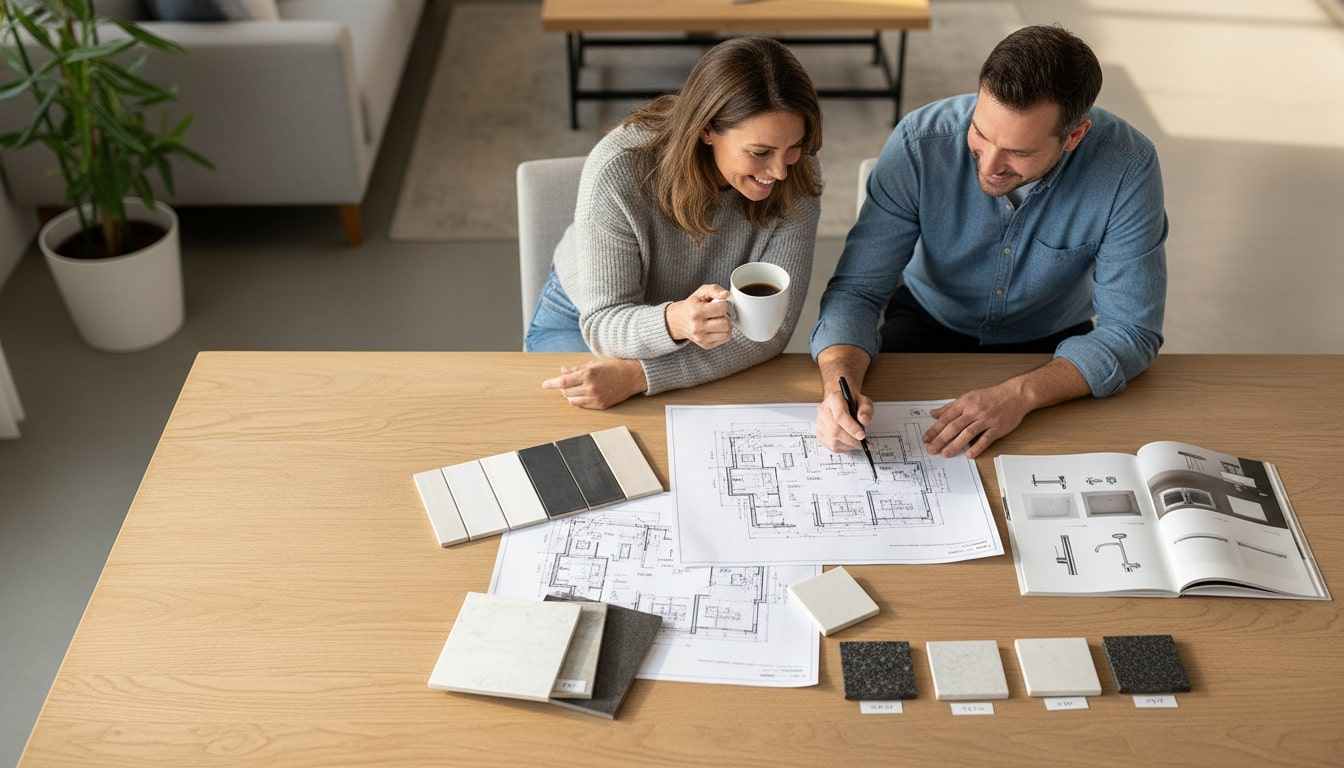 Overhead view of a homeowner and contractor sitting at a table reviewing bathroom blueprints, tile samples, and fixture catalogs. Warm lifestyle feel that visually supports sections about researching, comparing quotes, and meeting local bathroom remodelers.