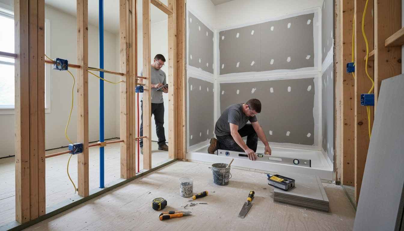 A partially remodeled bathroom showing exposed studs, new plumbing and electrical, installed shower pan, and cement board, with tools neatly arranged and remodelers working. Ideal for illustrating the “understanding the bathroom remodeling process” or contractor selection part.