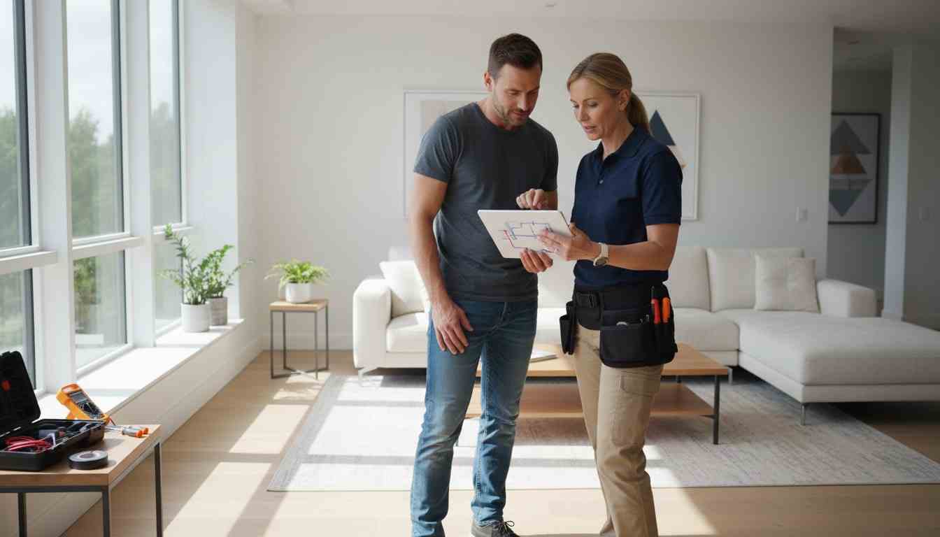 A homeowner and electrician standing together in a modern living room, reviewing a wiring diagram on a tablet