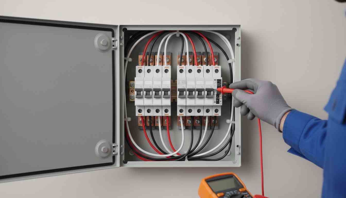 A close-up of a modern electrical panel with neatly organized breakers and wiring, and an electrician’s hand testing a circuit with a multimeter.