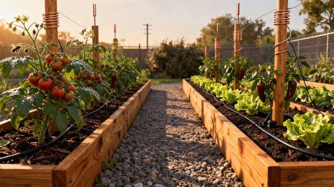 A 3D render of an electroculture garden.