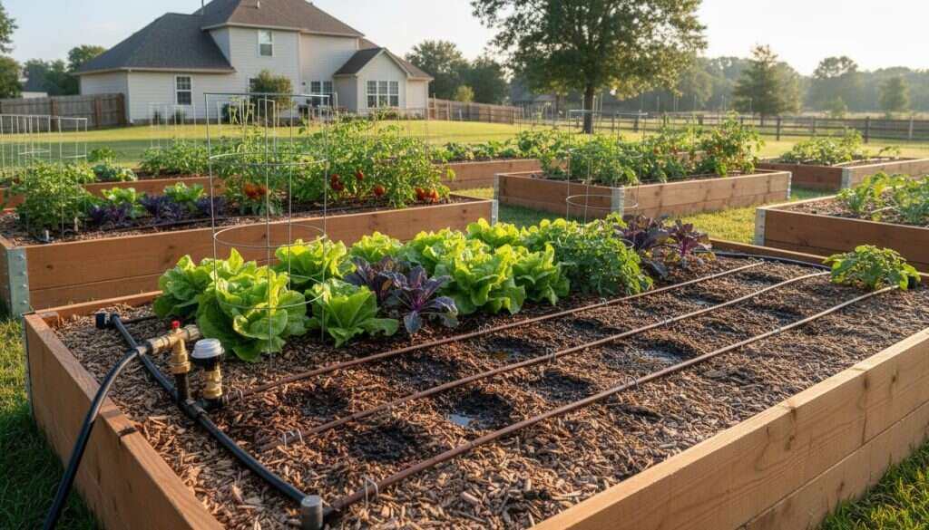 An image of a drip-irrigation manifold for raised garden beds.