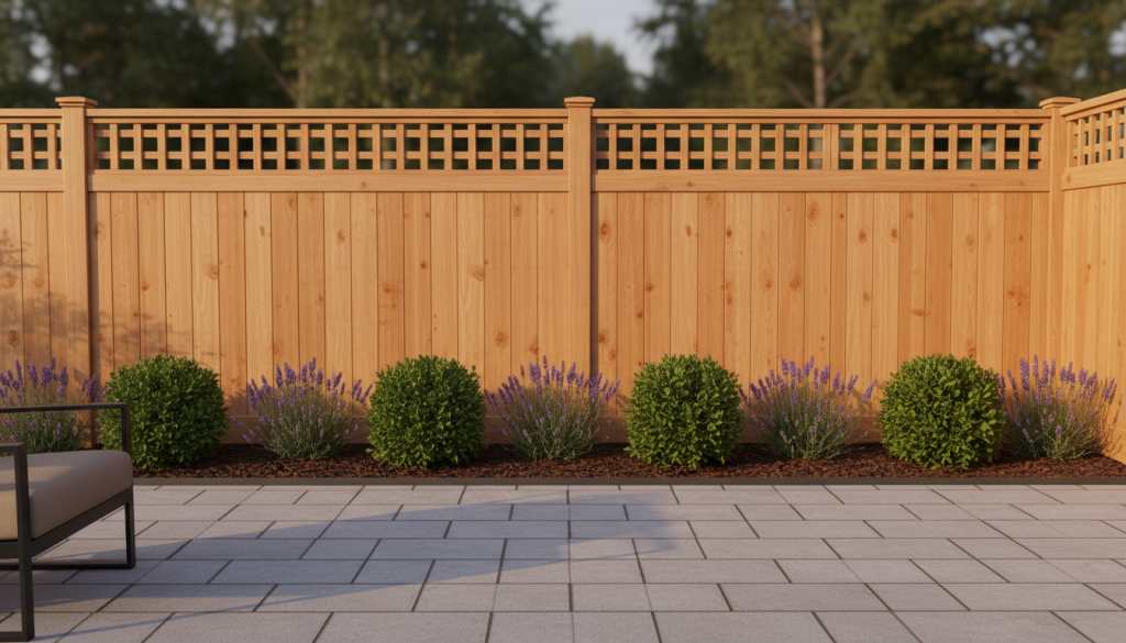 Cedar board-on-board privacy garden fencing with cap rail and lattice topper at golden hour.