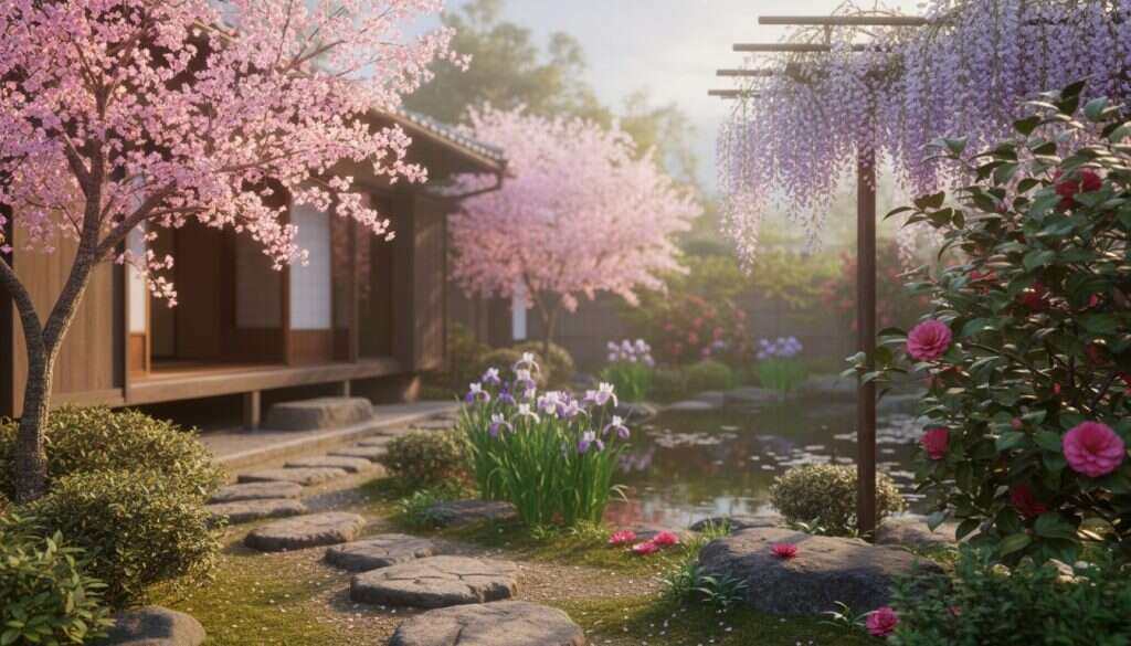 A serene Japanese home garden with Japanese flowers like cherry blossoms, irises, camellias, and wisteria