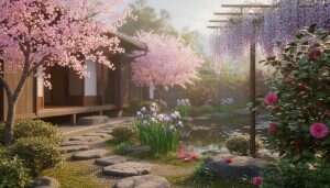 A serene Japanese home garden with Japanese flowers like cherry blossoms, irises, camellias, and wisteria