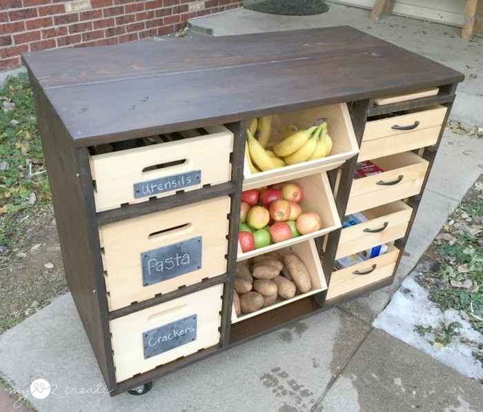 DIY mobile kitchen island with wooden crate storage