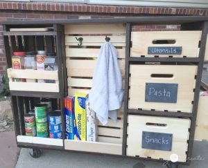 DIY mobile kitchen island with wooden crate storage