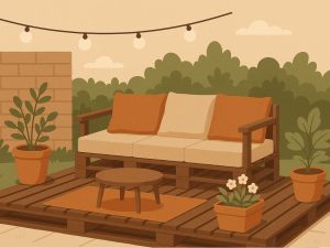 An illustration of a patio on a pallet with an urban garden.