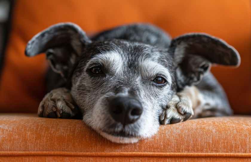 An image of an old dog for an article about senior pet care during remodeling.
