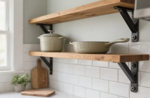 An image of open shelving with enamel cookware.