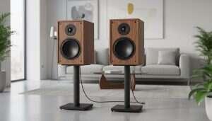 An image of a bookshelf speaker within a living room.