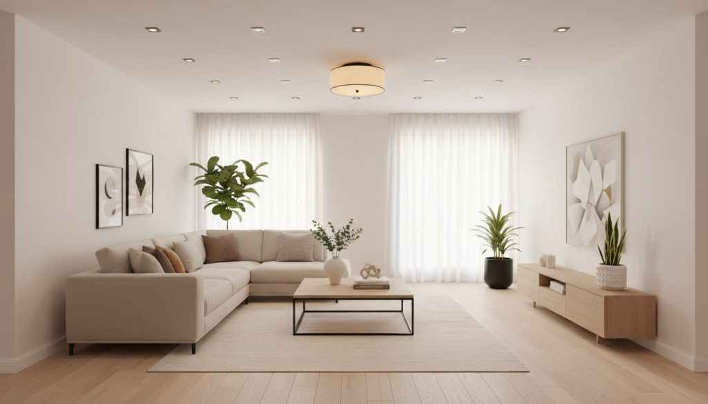 New-build living room with recessed ceiling lights and a central semi-flush fixture