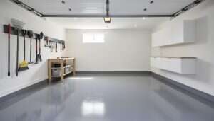 Hero image: finished glossy epoxy garage floor in a clean modern garage