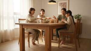 Family enjoying a meal at the handmade table in a warm, modern dining room; table is in sharp focus, people slightly out of focus.