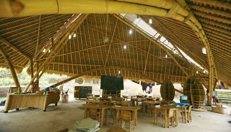 Green School classroom complete with-furniture and an entirely bamboo blackboard.