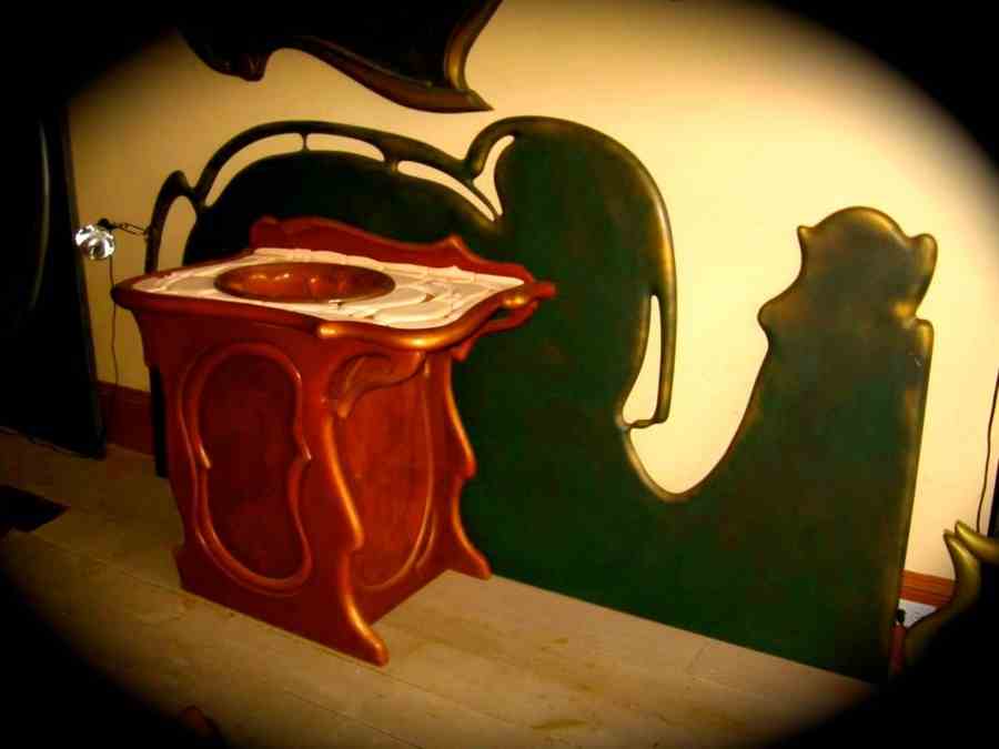 Vanity with copper sink and custom ceramic top with backsplash Art Nouveau