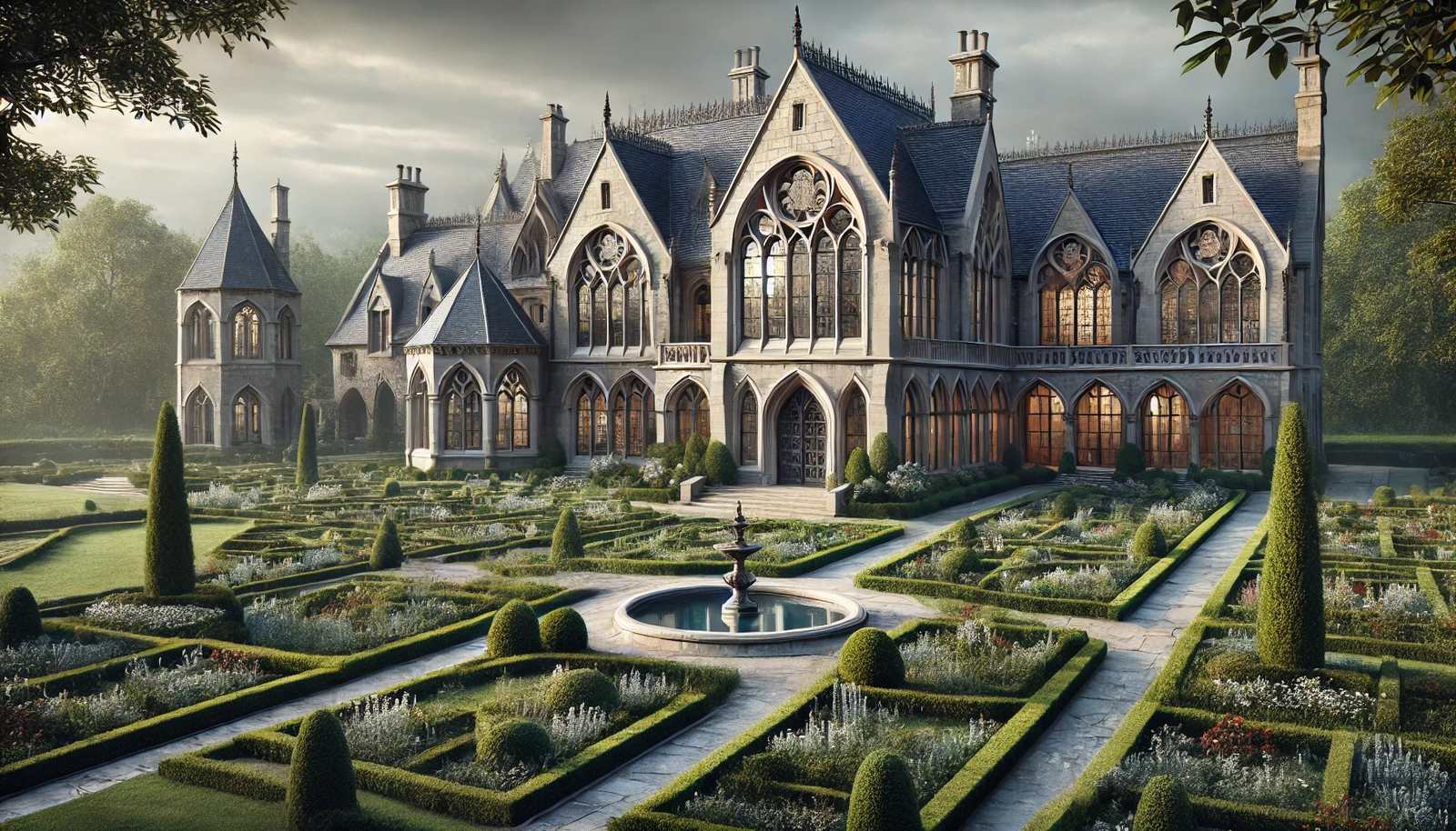An-exterior-view-of-a-grand-home-designed-in-the-Castlecore-aesthetic-surrounded-by-extensive-formal-gardens.