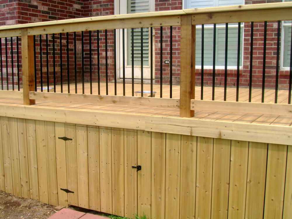 An image of a skirted deck for an article about deck skirting ideas.