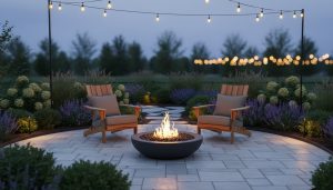 Cozy Evening Patio With String Lights and Fire Bowl. One of the many backyard landscaping ideas.
