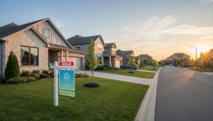 Newly built homes on a clean street with a subtle “sold” sign, evoking a healthy housing market.